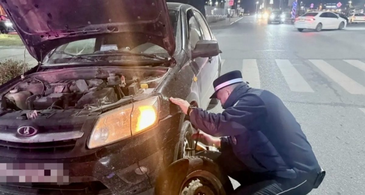 Инспекторы ДПС помогли женщине-водителю заменить спустившее колесо на дороге